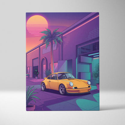 Porsche 911 Inspired Yellow Purple Canvas Wall Art Vaporwave Classic Sports Car Artwork Neon Palm Garage Decor Retro Futuristic Sunset Print