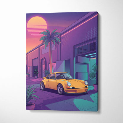 Porsche 911 Inspired Yellow Purple Canvas Wall Art Vaporwave Classic Sports Car Artwork Neon Palm Garage Decor Retro Futuristic Sunset Print