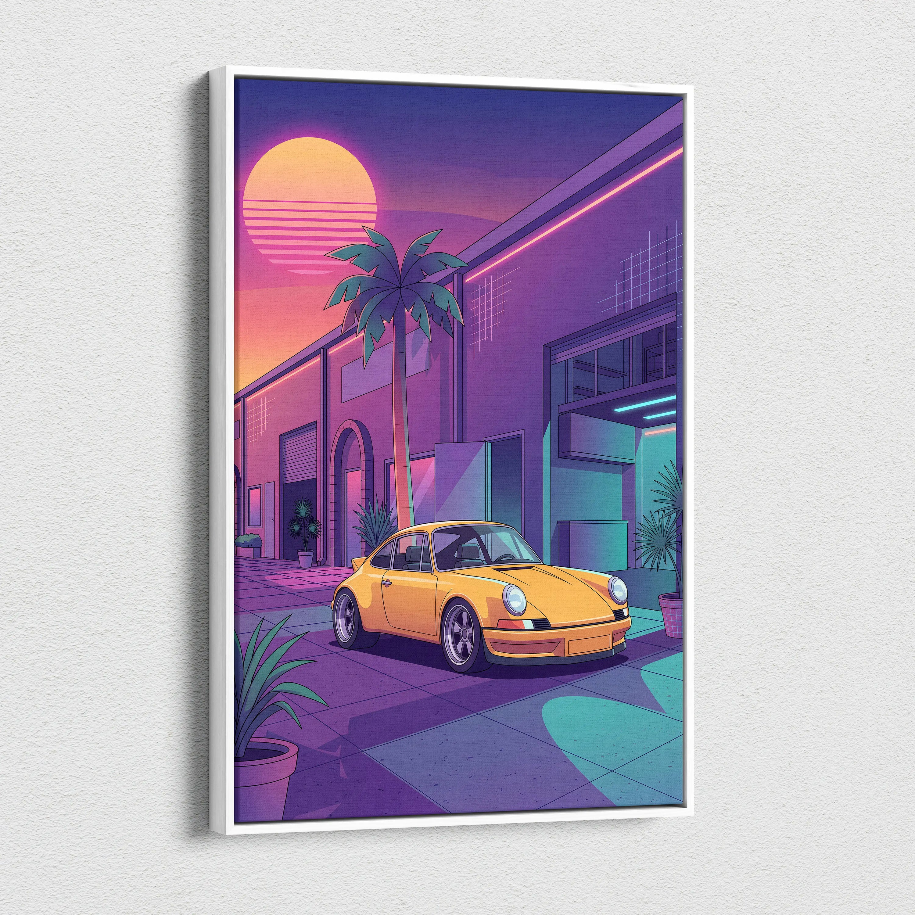 Porsche 911 Inspired Yellow Purple Canvas Wall Art Vaporwave Classic Sports Car Artwork Neon Palm Garage Decor Retro Futuristic Sunset Print