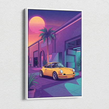 Porsche 911 Inspired Yellow Purple Canvas Wall Art Vaporwave Classic Sports Car Artwork Neon Palm Garage Decor Retro Futuristic Sunset Print