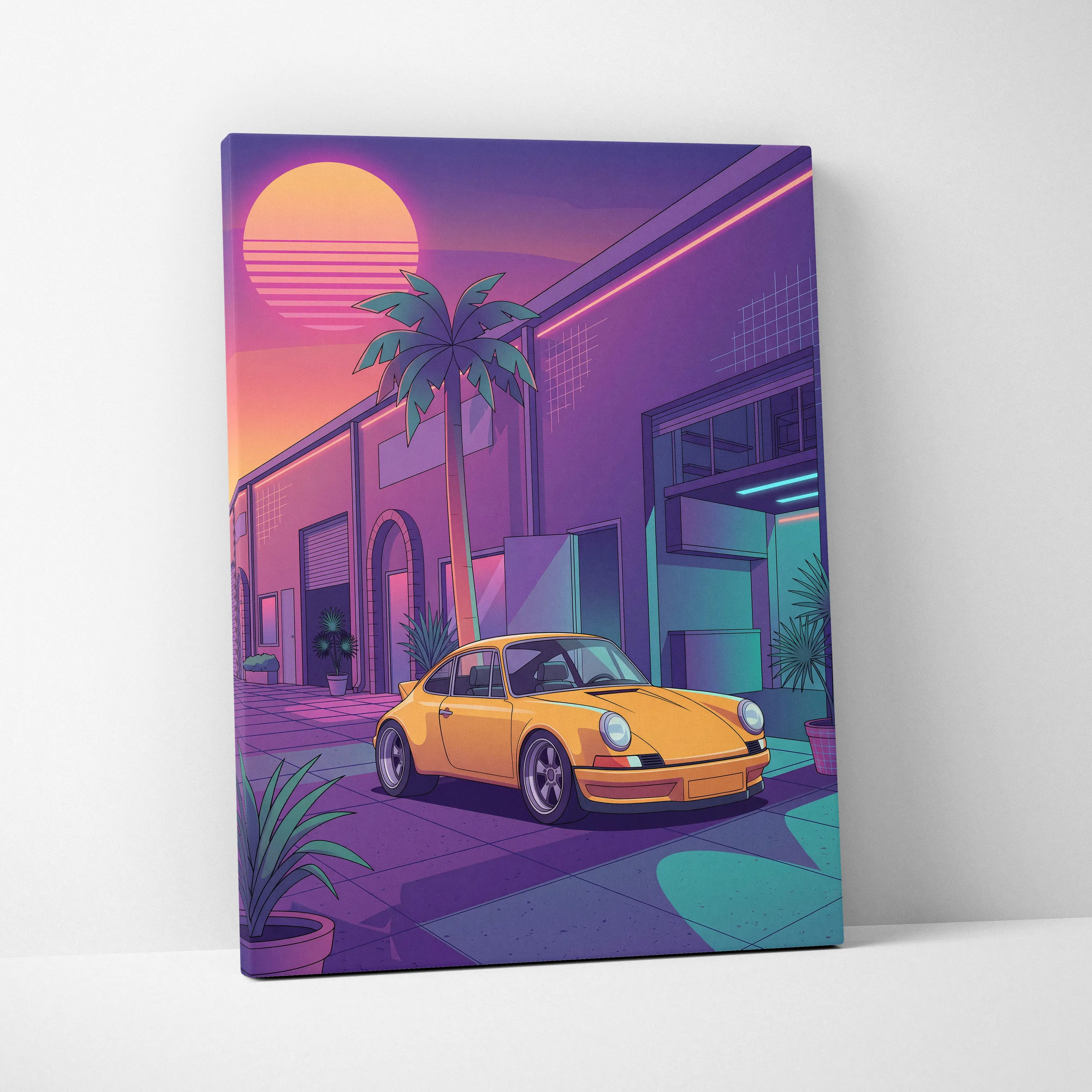Porsche 911 Inspired Yellow Purple Canvas Wall Art Vaporwave Classic Sports Car Artwork Neon Palm Garage Decor Retro Futuristic Sunset Print