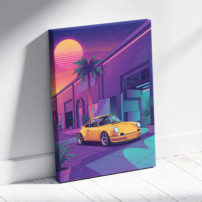 Porsche 911 Inspired Yellow Purple Canvas Wall Art Vaporwave Classic Sports Car Artwork Neon Palm Garage Decor Retro Futuristic Sunset Print