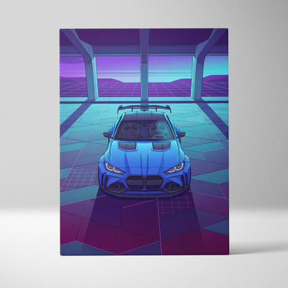 BMW M4 Inspired Blue Purple Canvas Wall Art Vaporwave Sports Car Artwork Neon Garage Decor Retro Futuristic City Print