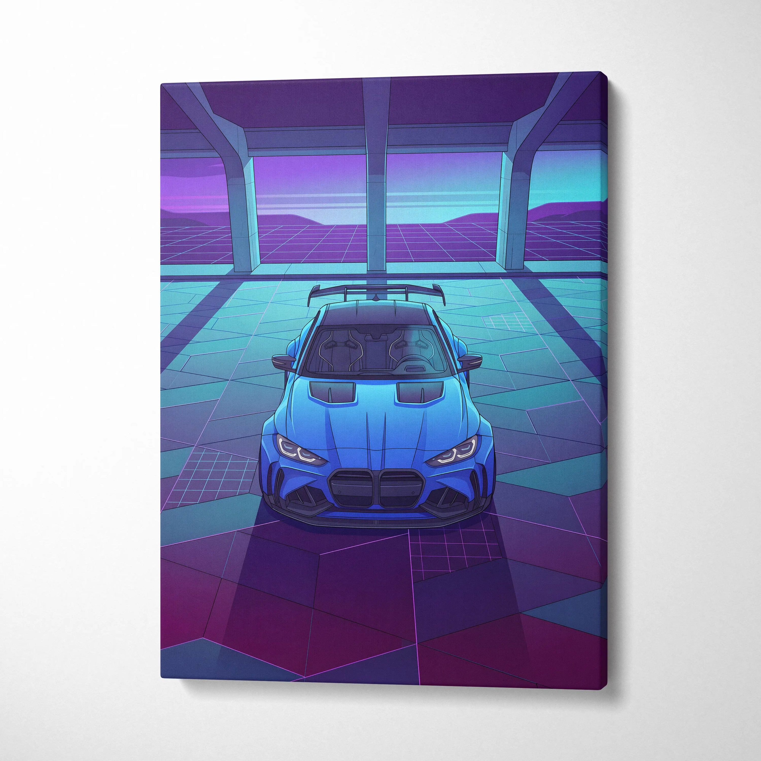 BMW M4 Inspired Blue Purple Canvas Wall Art Vaporwave Sports Car Artwork Neon Garage Decor Retro Futuristic City Print