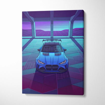 BMW M4 Inspired Blue Purple Canvas Wall Art Vaporwave Sports Car Artwork Neon Garage Decor Retro Futuristic City Print