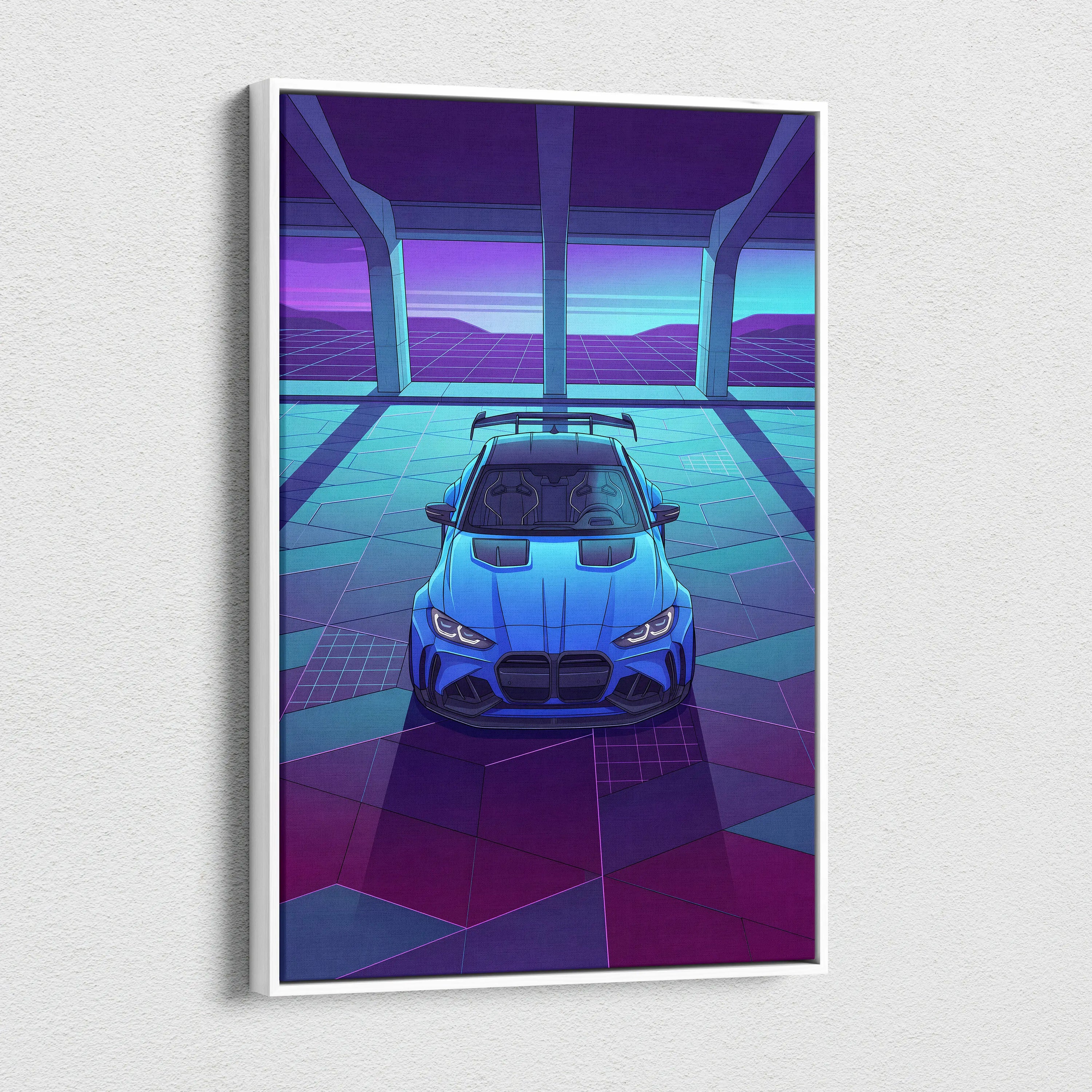 BMW M4 Inspired Blue Purple Canvas Wall Art Vaporwave Sports Car Artwork Neon Garage Decor Retro Futuristic City Print
