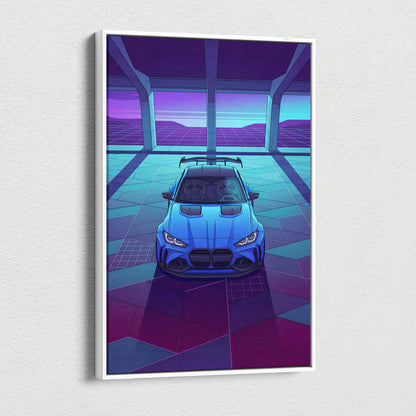 BMW M4 Inspired Blue Purple Canvas Wall Art Vaporwave Sports Car Artwork Neon Garage Decor Retro Futuristic City Print