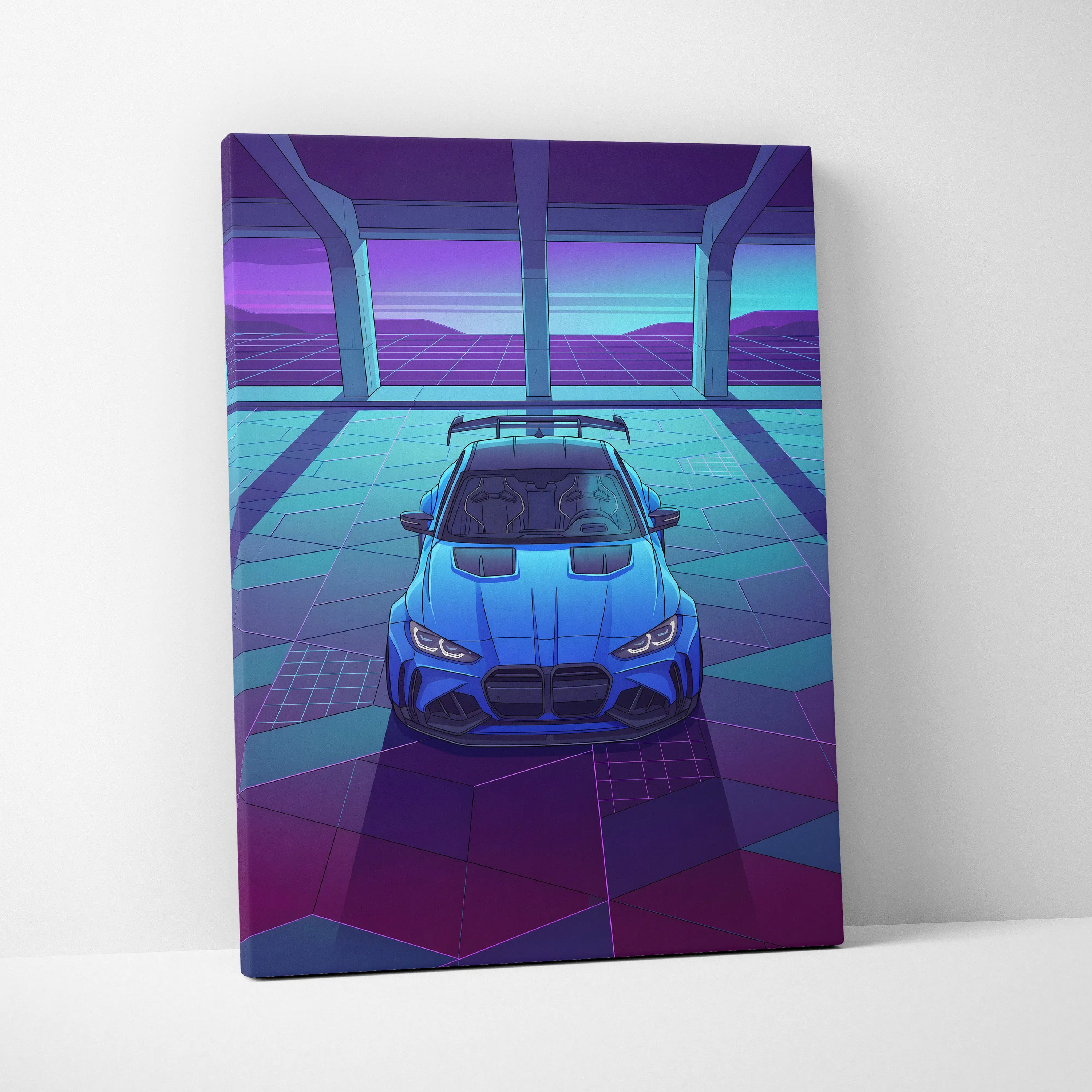 BMW M4 Inspired Blue Purple Canvas Wall Art Vaporwave Sports Car Artwork Neon Garage Decor Retro Futuristic City Print