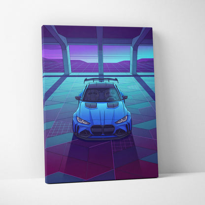 BMW M4 Inspired Blue Purple Canvas Wall Art Vaporwave Sports Car Artwork Neon Garage Decor Retro Futuristic City Print