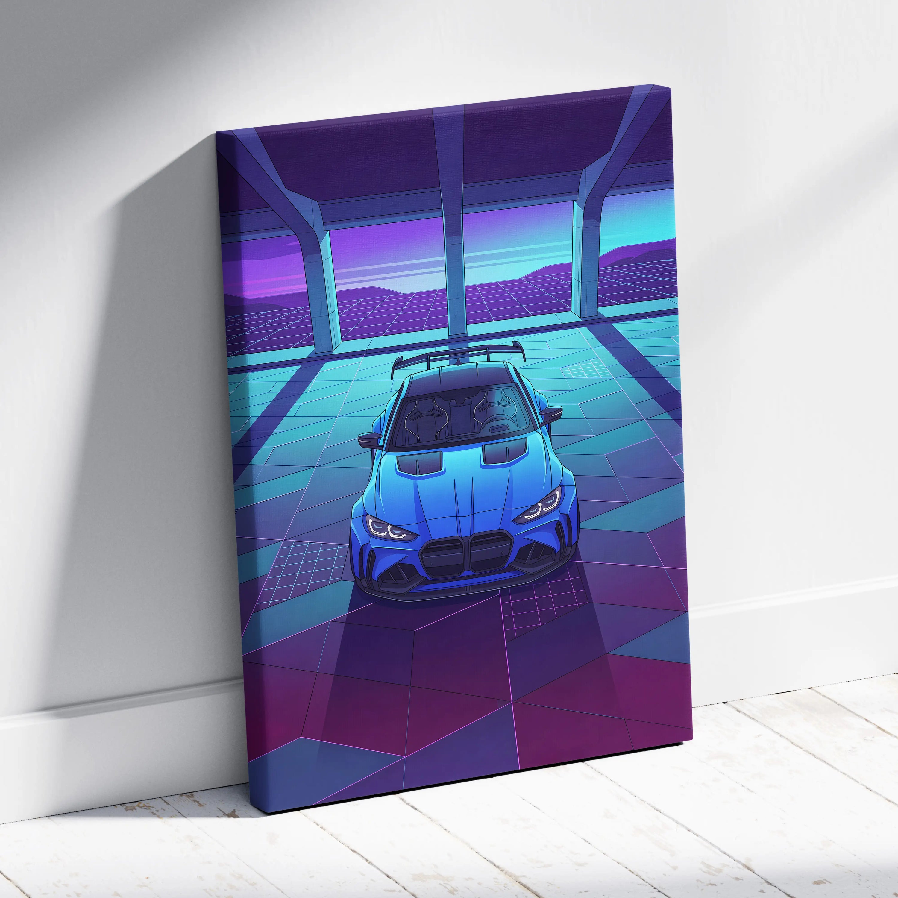 BMW M4 Inspired Blue Purple Canvas Wall Art Vaporwave Sports Car Artwork Neon Garage Decor Retro Futuristic City Print