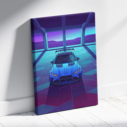 BMW M4 Inspired Blue Purple Canvas Wall Art Vaporwave Sports Car Artwork Neon Garage Decor Retro Futuristic City Print