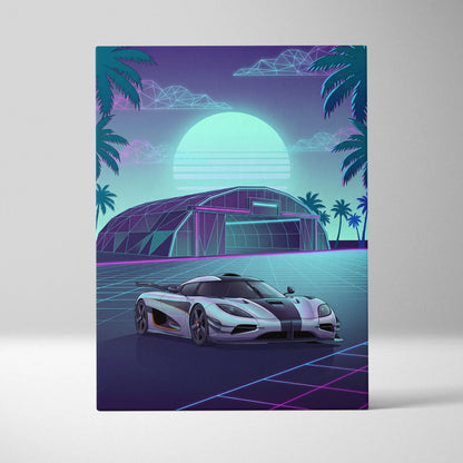 Koenigsegg One:1 Inspired Silver Teal Canvas Wall Art Vaporwave Hypercar Artwork Neon Palm Garage Decor Retro Futuristic Sunset Print