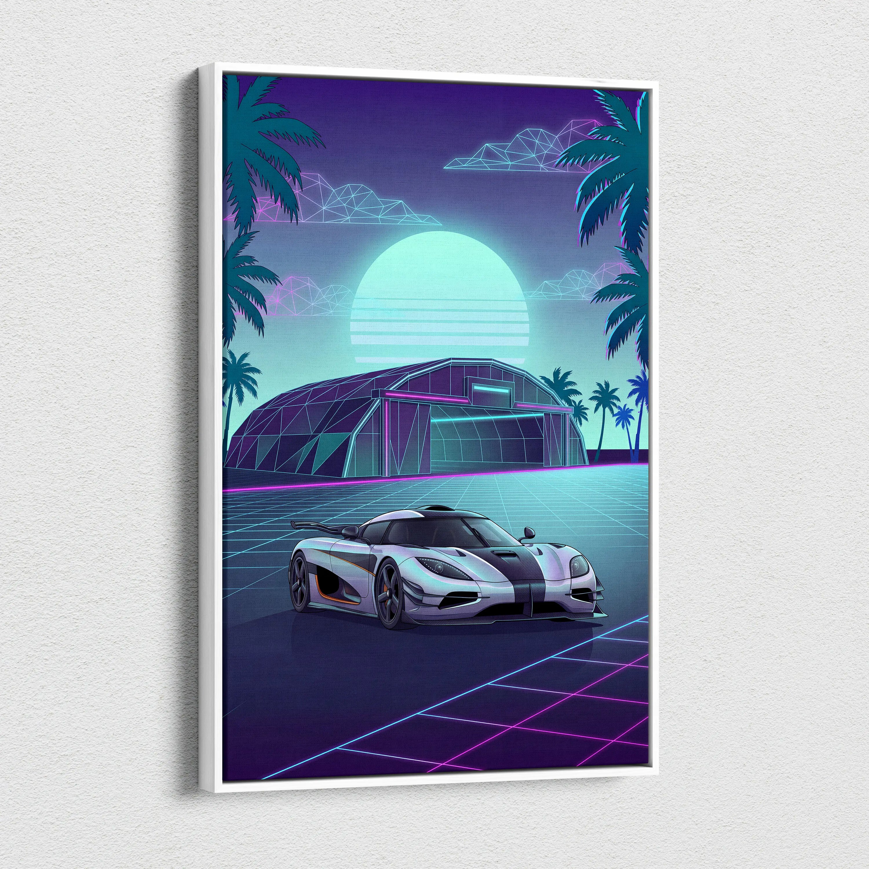 Koenigsegg One:1 Inspired Silver Teal Canvas Wall Art Vaporwave Hypercar Artwork Neon Palm Garage Decor Retro Futuristic Sunset Print