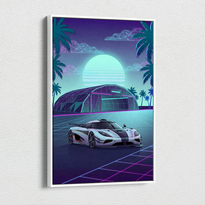 Koenigsegg One:1 Inspired Silver Teal Canvas Wall Art Vaporwave Hypercar Artwork Neon Palm Garage Decor Retro Futuristic Sunset Print