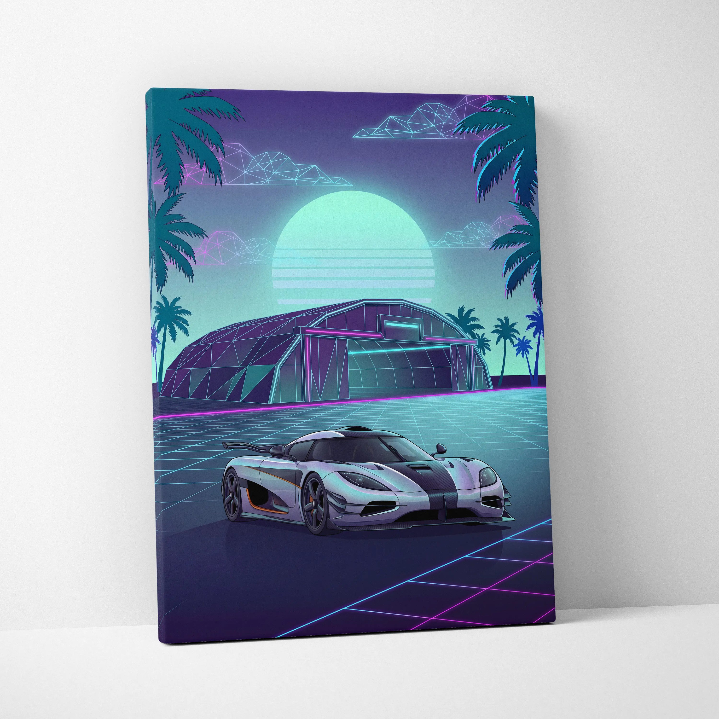 Koenigsegg One:1 Inspired Silver Teal Canvas Wall Art Vaporwave Hypercar Artwork Neon Palm Garage Decor Retro Futuristic Sunset Print