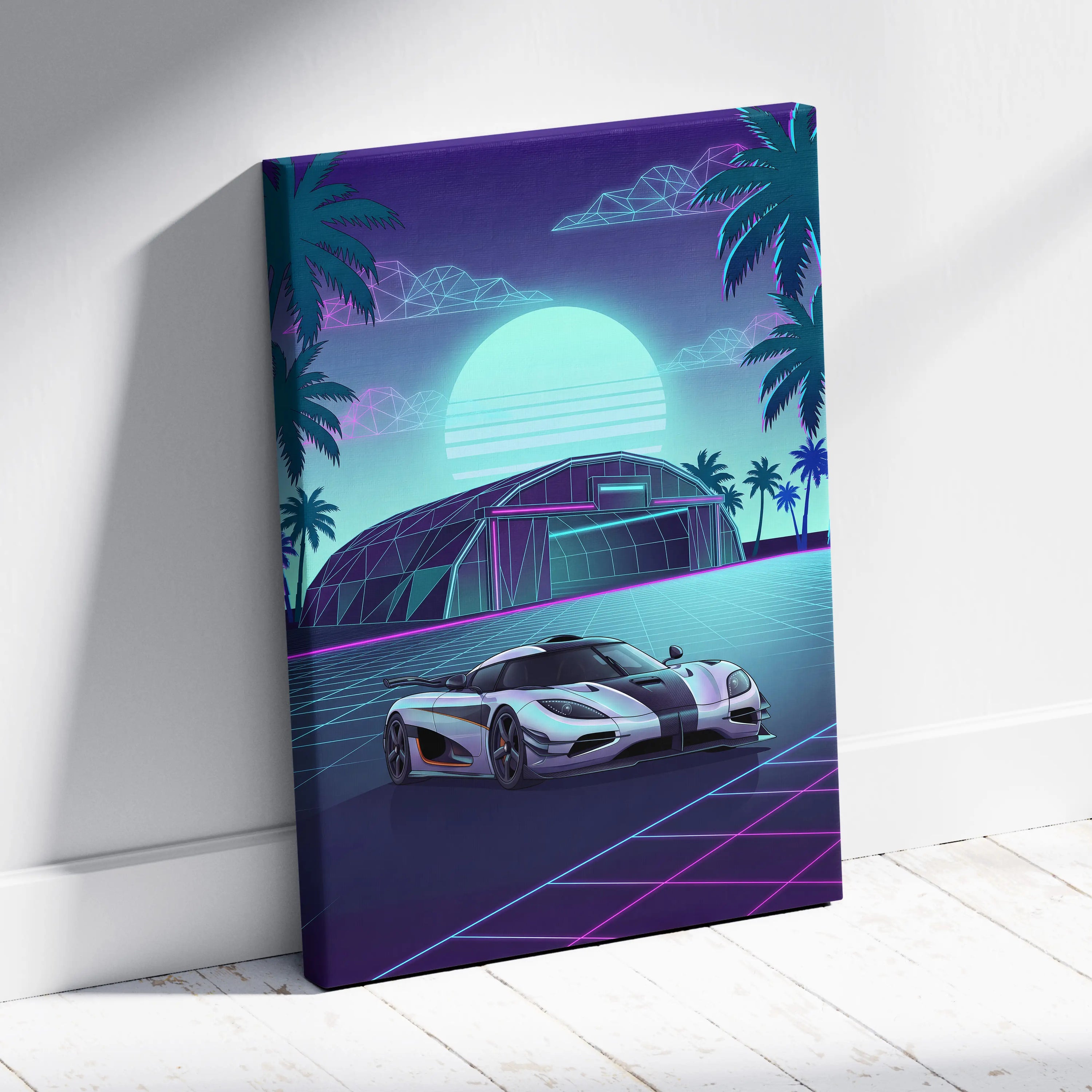 Koenigsegg One:1 Inspired Silver Teal Canvas Wall Art Vaporwave Hypercar Artwork Neon Palm Garage Decor Retro Futuristic Sunset Print