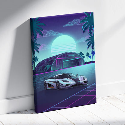 Koenigsegg One:1 Inspired Silver Teal Canvas Wall Art Vaporwave Hypercar Artwork Neon Palm Garage Decor Retro Futuristic Sunset Print