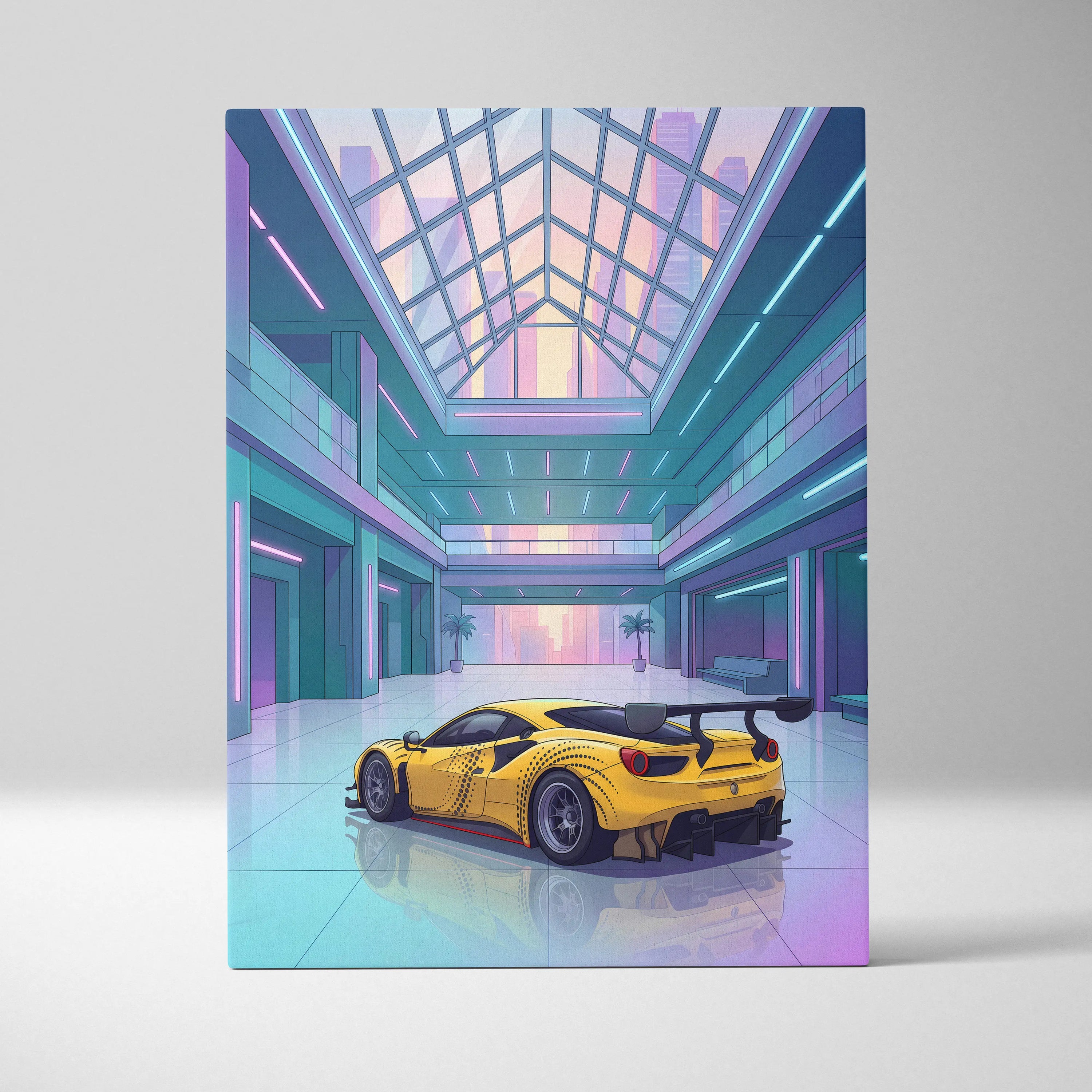 Ferrari 488 GT3 Inspired Yellow Teal Canvas Wall Art Vaporwave Race Car Artwork Neon Atrium Garage Decor Retro Futuristic Motorsport Print