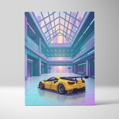 Ferrari 488 GT3 Inspired Yellow Teal Canvas Wall Art Vaporwave Race Car Artwork Neon Atrium Garage Decor Retro Futuristic Motorsport Print