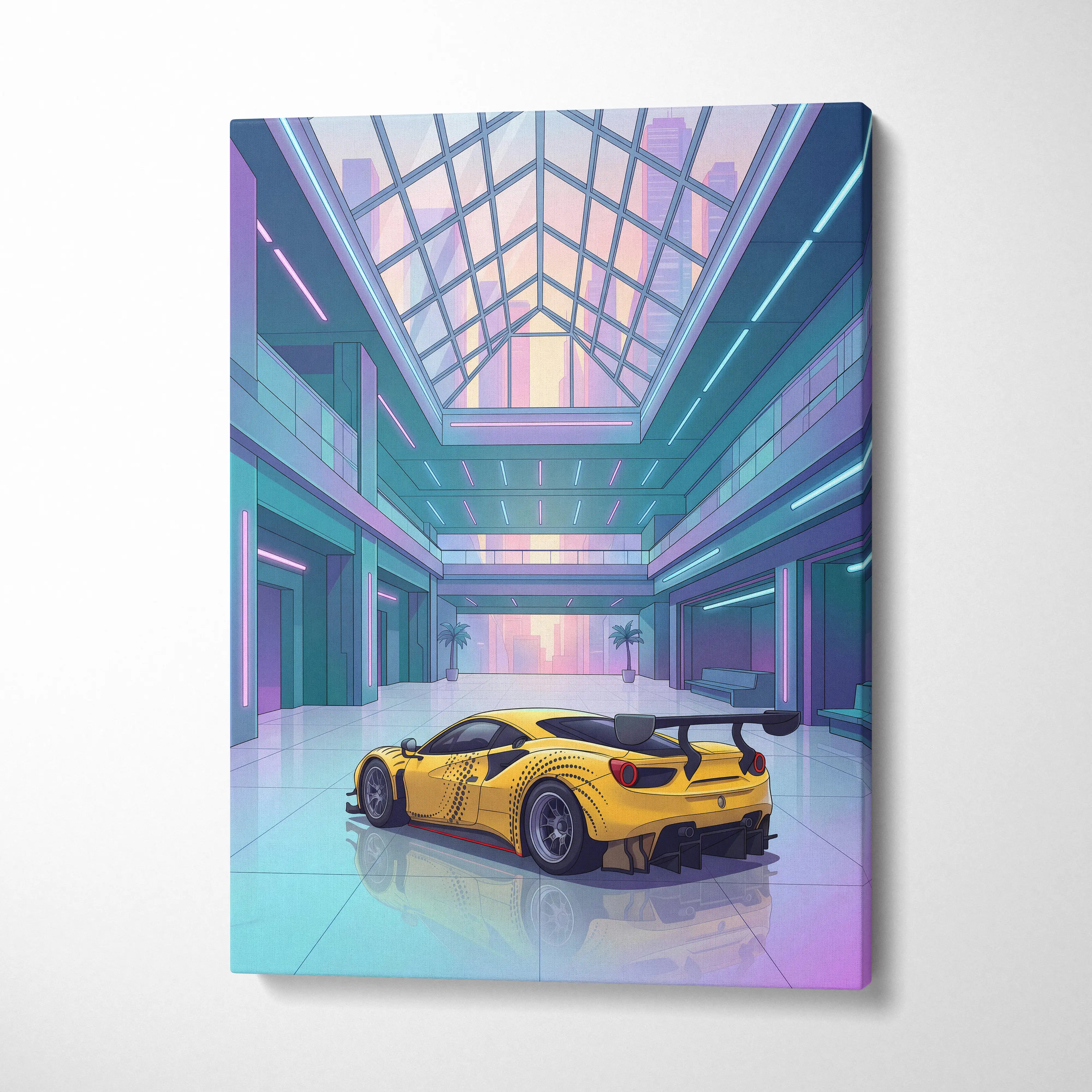 Ferrari 488 GT3 Inspired Yellow Teal Canvas Wall Art Vaporwave Race Car Artwork Neon Atrium Garage Decor Retro Futuristic Motorsport Print