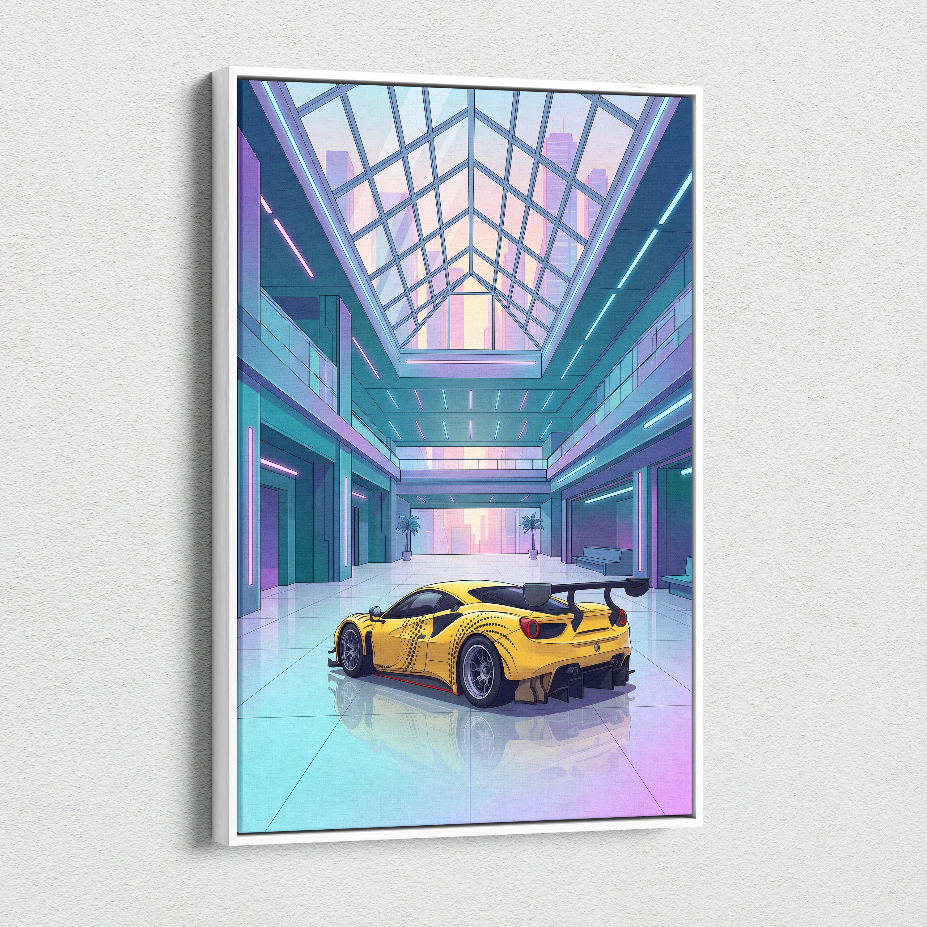 Ferrari 488 GT3 Inspired Yellow Teal Canvas Wall Art Vaporwave Race Car Artwork Neon Atrium Garage Decor Retro Futuristic Motorsport Print