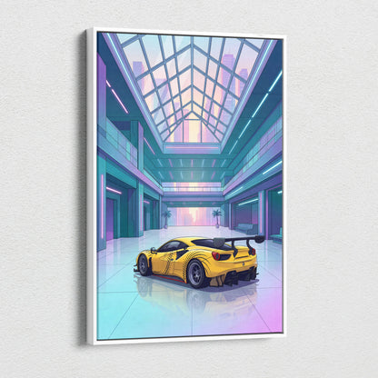 Ferrari 488 GT3 Inspired Yellow Teal Canvas Wall Art Vaporwave Race Car Artwork Neon Atrium Garage Decor Retro Futuristic Motorsport Print