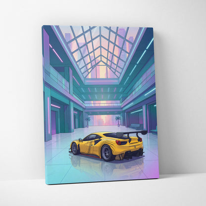 Ferrari 488 GT3 Inspired Yellow Teal Canvas Wall Art Vaporwave Race Car Artwork Neon Atrium Garage Decor Retro Futuristic Motorsport Print