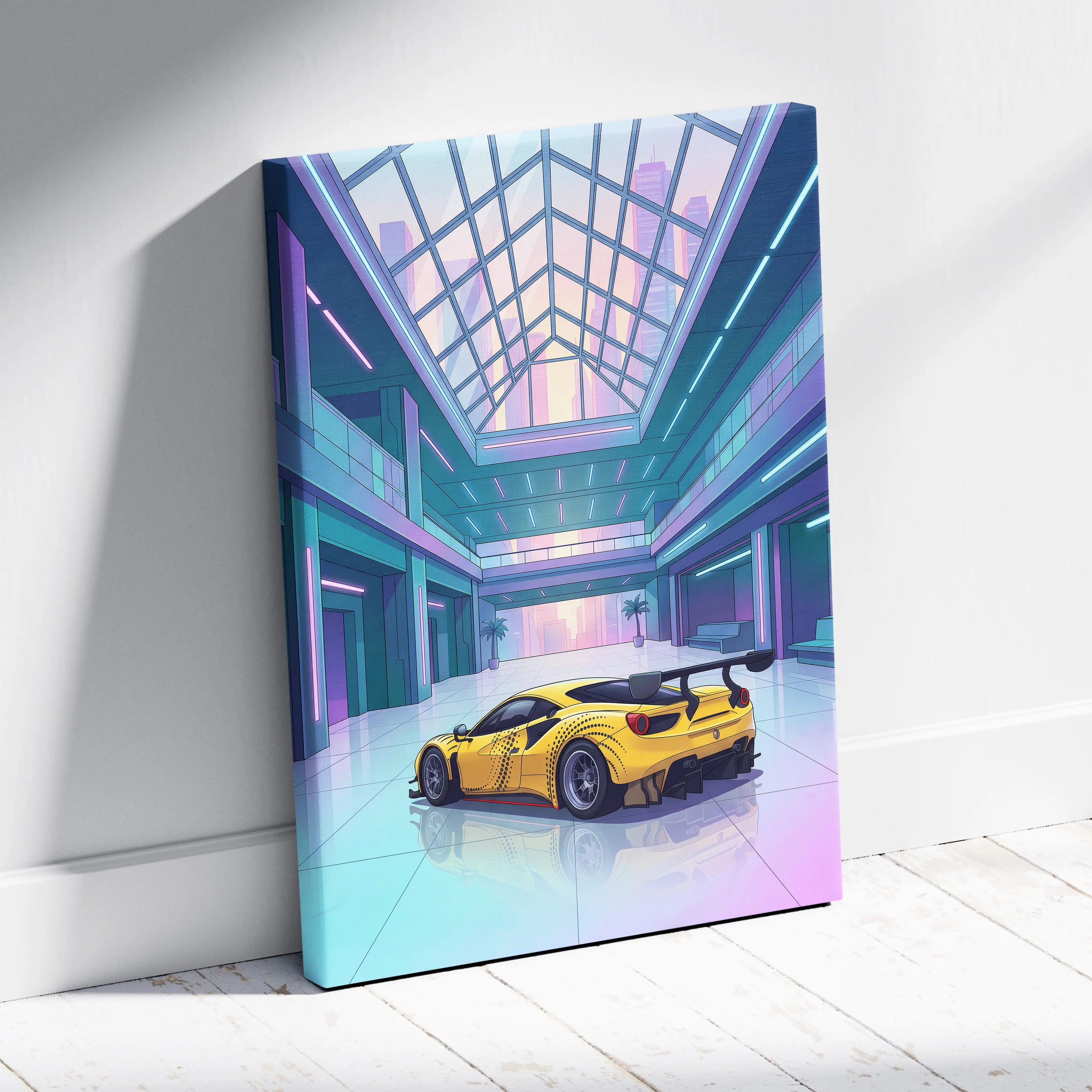 Ferrari 488 GT3 Inspired Yellow Teal Canvas Wall Art Vaporwave Race Car Artwork Neon Atrium Garage Decor Retro Futuristic Motorsport Print