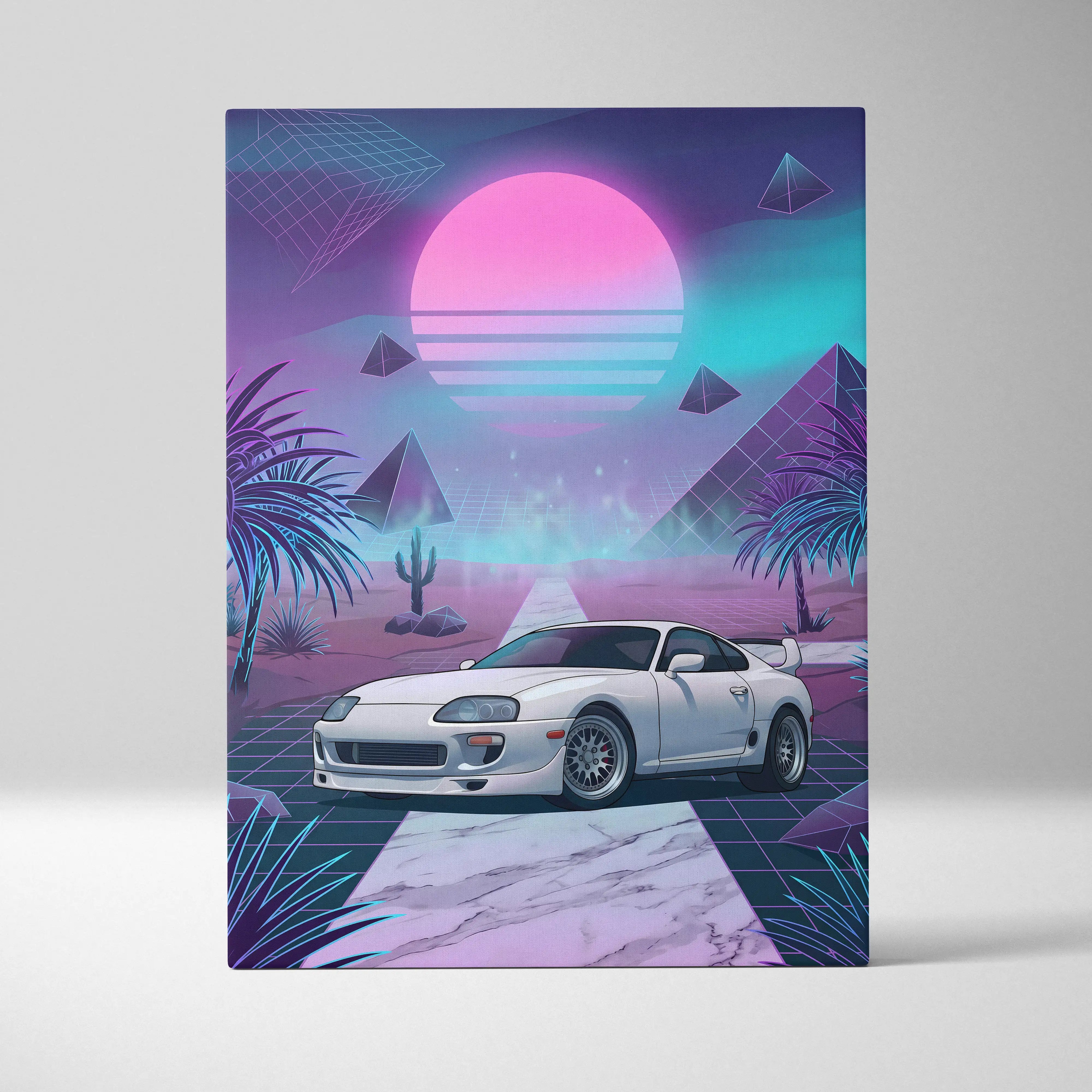 Toyota Supra MK4 Inspired White Purple Canvas Wall Art Vaporwave JDM Sports Car Artwork Neon Desert Garage Decor Retro Futuristic Sunset Print