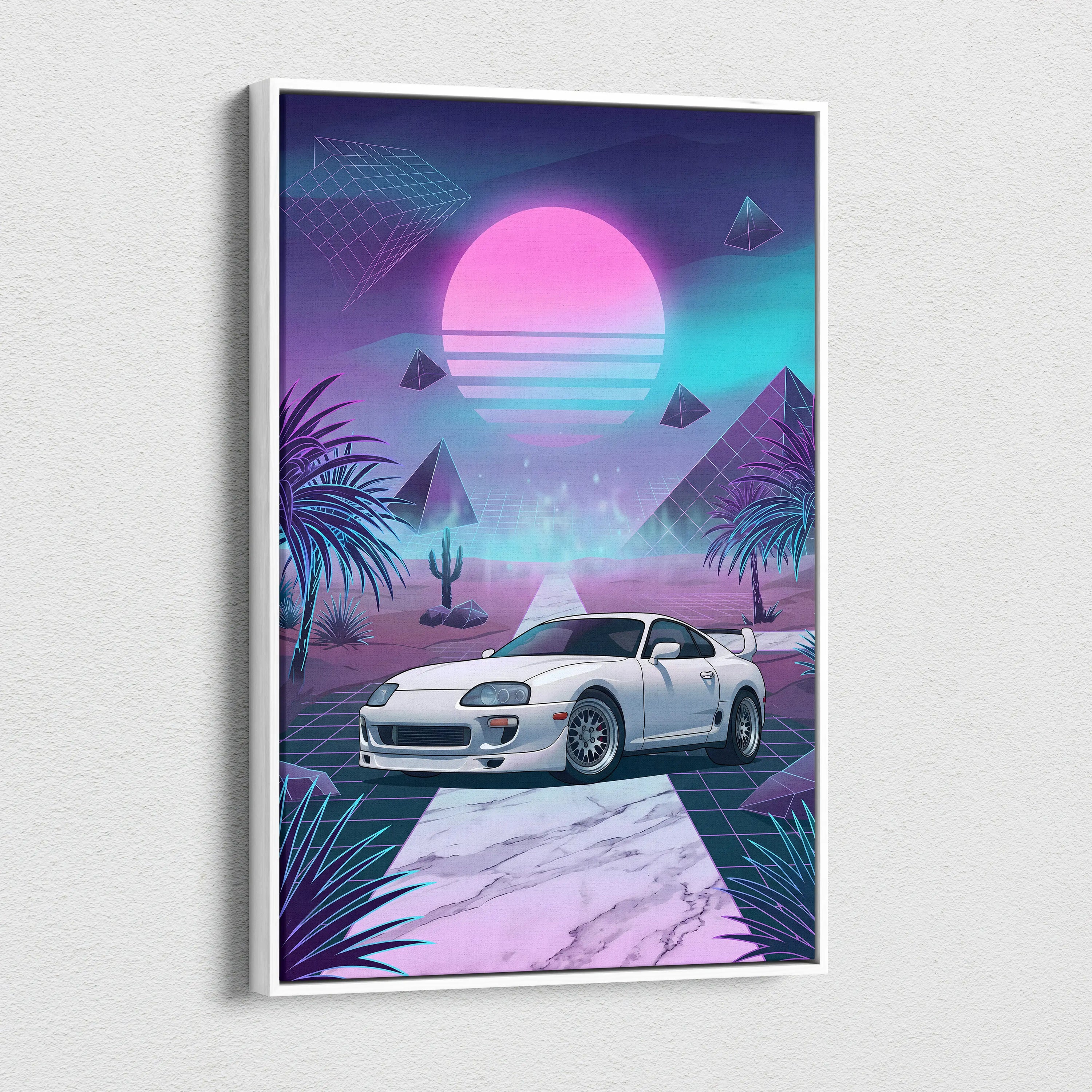 Toyota Supra MK4 Inspired White Purple Canvas Wall Art Vaporwave JDM Sports Car Artwork Neon Desert Garage Decor Retro Futuristic Sunset Print