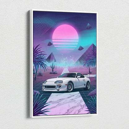 Toyota Supra MK4 Inspired White Purple Canvas Wall Art Vaporwave JDM Sports Car Artwork Neon Desert Garage Decor Retro Futuristic Sunset Print
