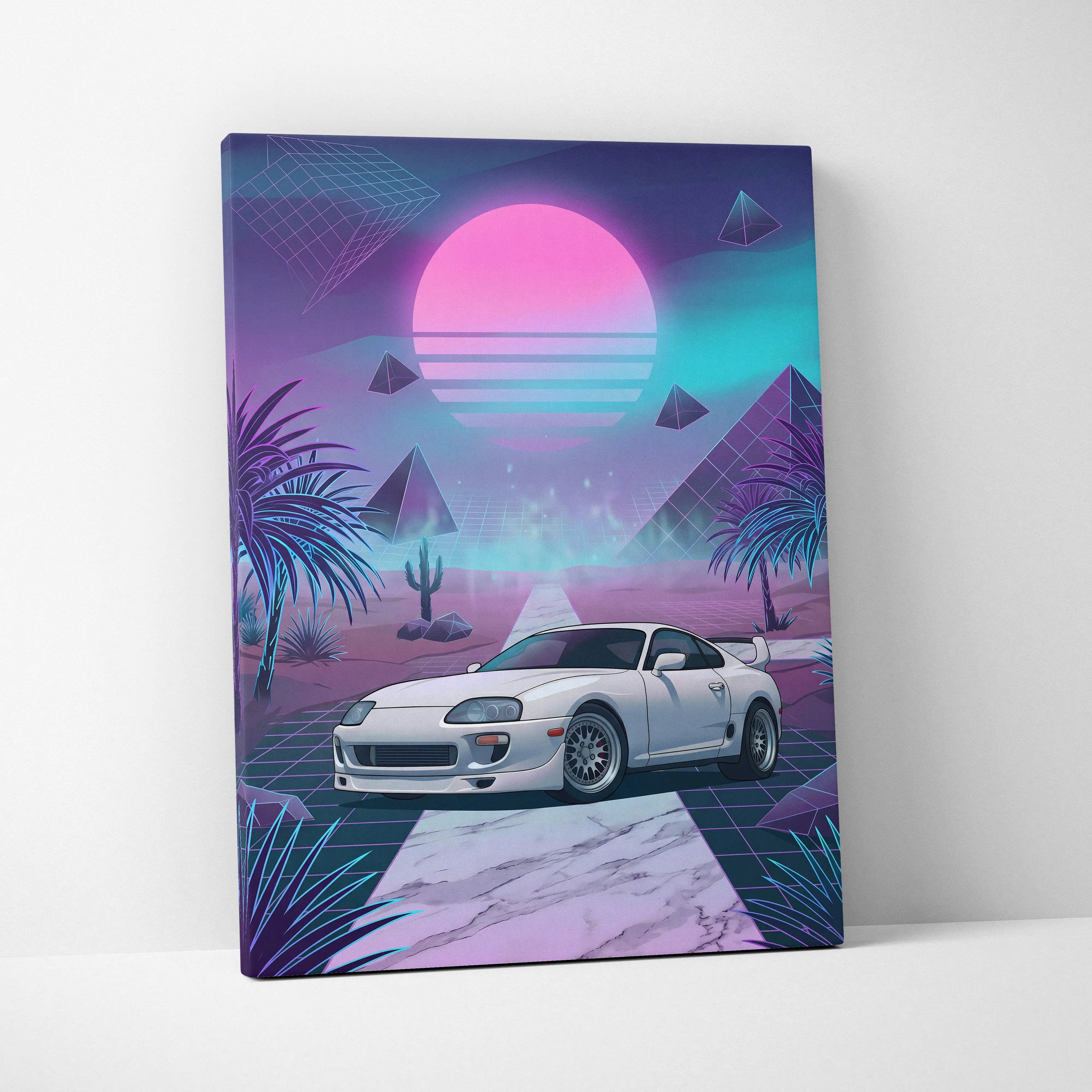 Toyota Supra MK4 Inspired White Purple Canvas Wall Art Vaporwave JDM Sports Car Artwork Neon Desert Garage Decor Retro Futuristic Sunset Print