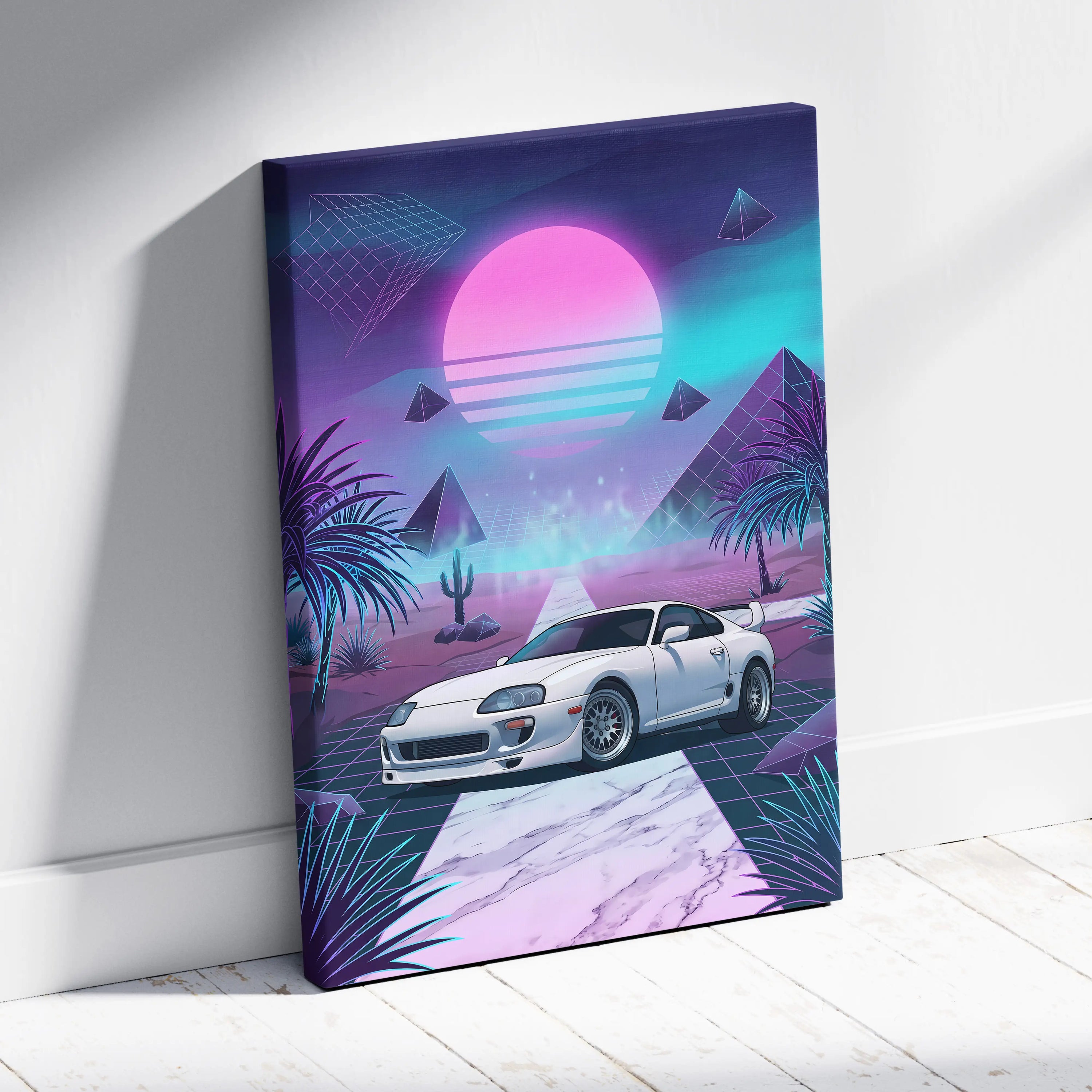 Toyota Supra MK4 Inspired White Purple Canvas Wall Art Vaporwave JDM Sports Car Artwork Neon Desert Garage Decor Retro Futuristic Sunset Print