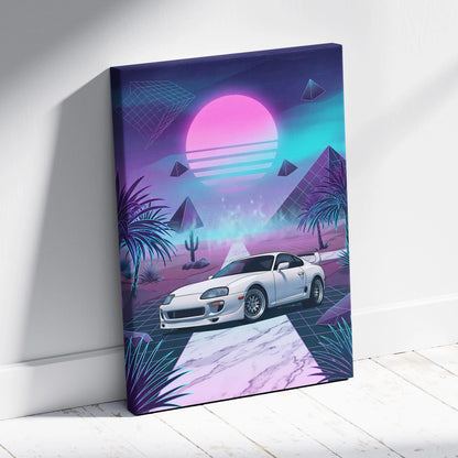 Toyota Supra MK4 Inspired White Purple Canvas Wall Art Vaporwave JDM Sports Car Artwork Neon Desert Garage Decor Retro Futuristic Sunset Print