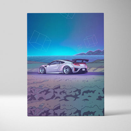 Acura NSX Inspired White Teal Canvas Wall Art Vaporwave Supercar Artwork Neon Desert Road Garage Decor Retro Futuristic Horizon Print