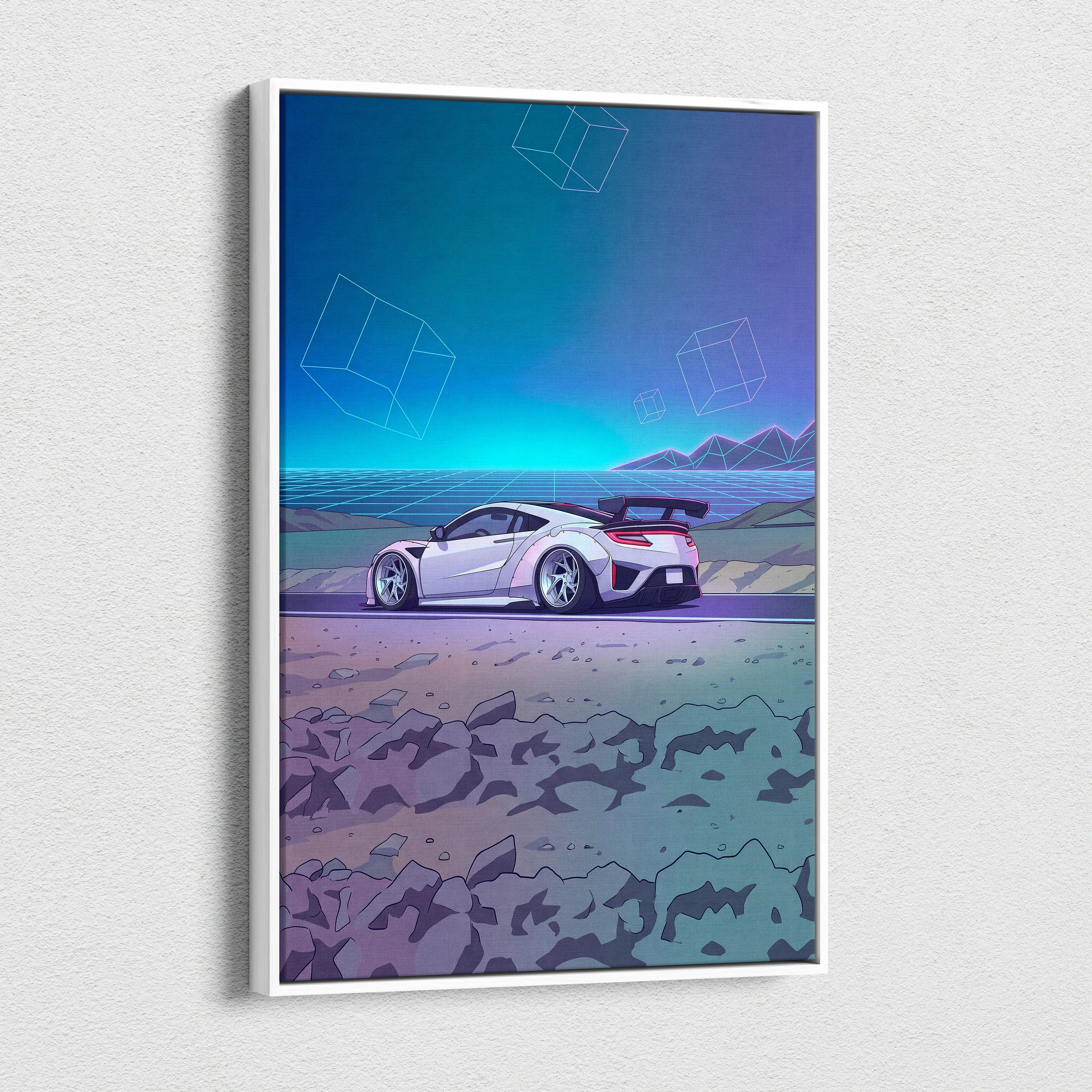 Acura NSX Inspired White Teal Canvas Wall Art Vaporwave Supercar Artwork Neon Desert Road Garage Decor Retro Futuristic Horizon Print