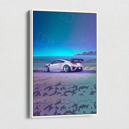 Acura NSX Inspired White Teal Canvas Wall Art Vaporwave Supercar Artwork Neon Desert Road Garage Decor Retro Futuristic Horizon Print