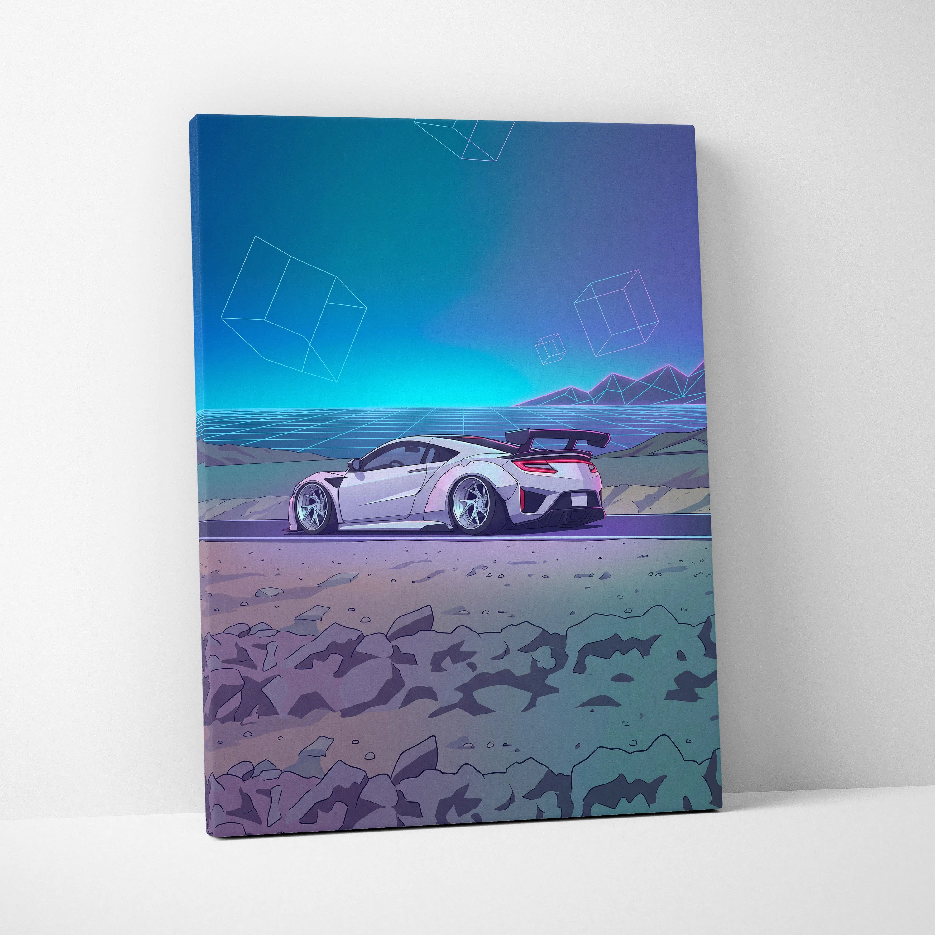 Acura NSX Inspired White Teal Canvas Wall Art Vaporwave Supercar Artwork Neon Desert Road Garage Decor Retro Futuristic Horizon Print