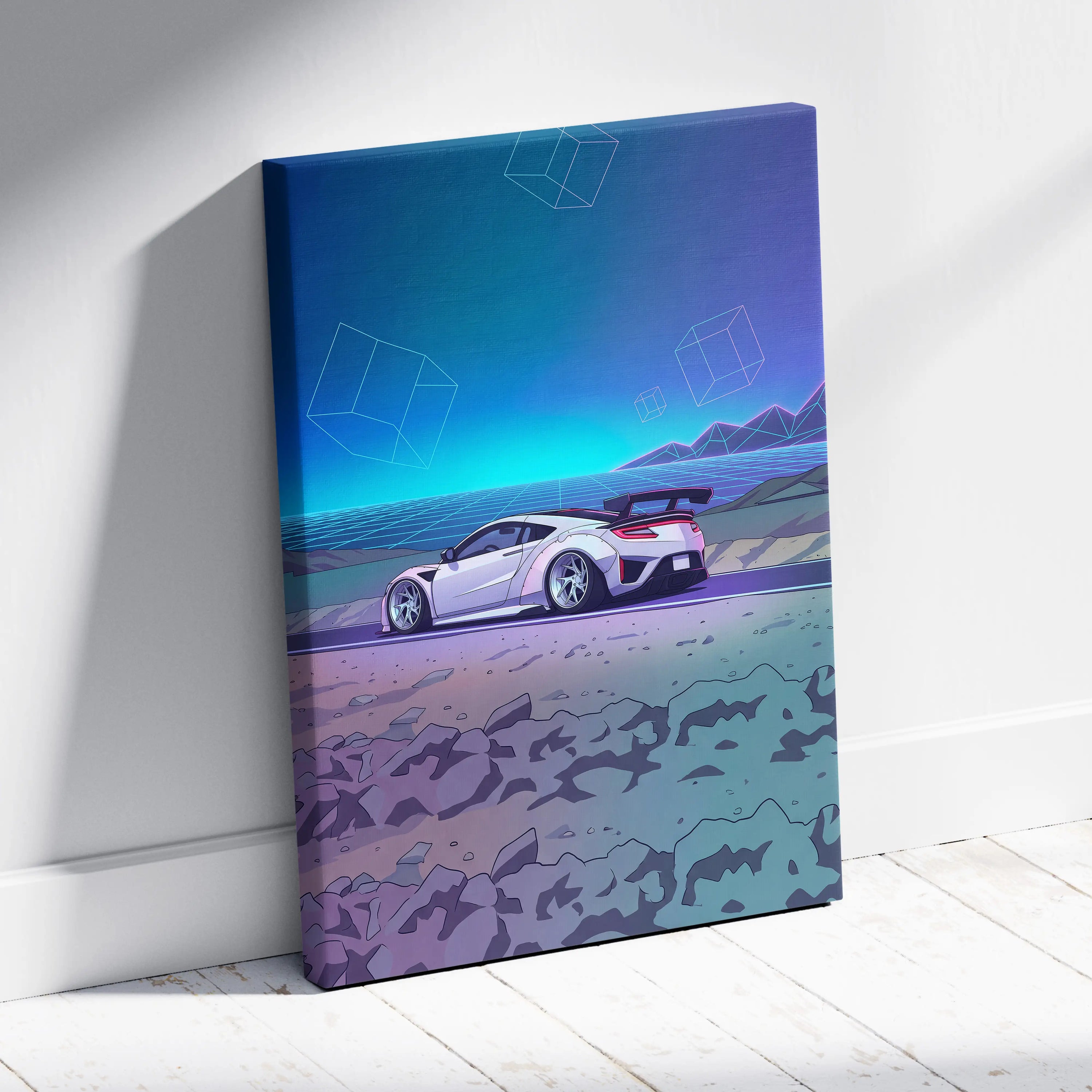 Acura NSX Inspired White Teal Canvas Wall Art Vaporwave Supercar Artwork Neon Desert Road Garage Decor Retro Futuristic Horizon Print