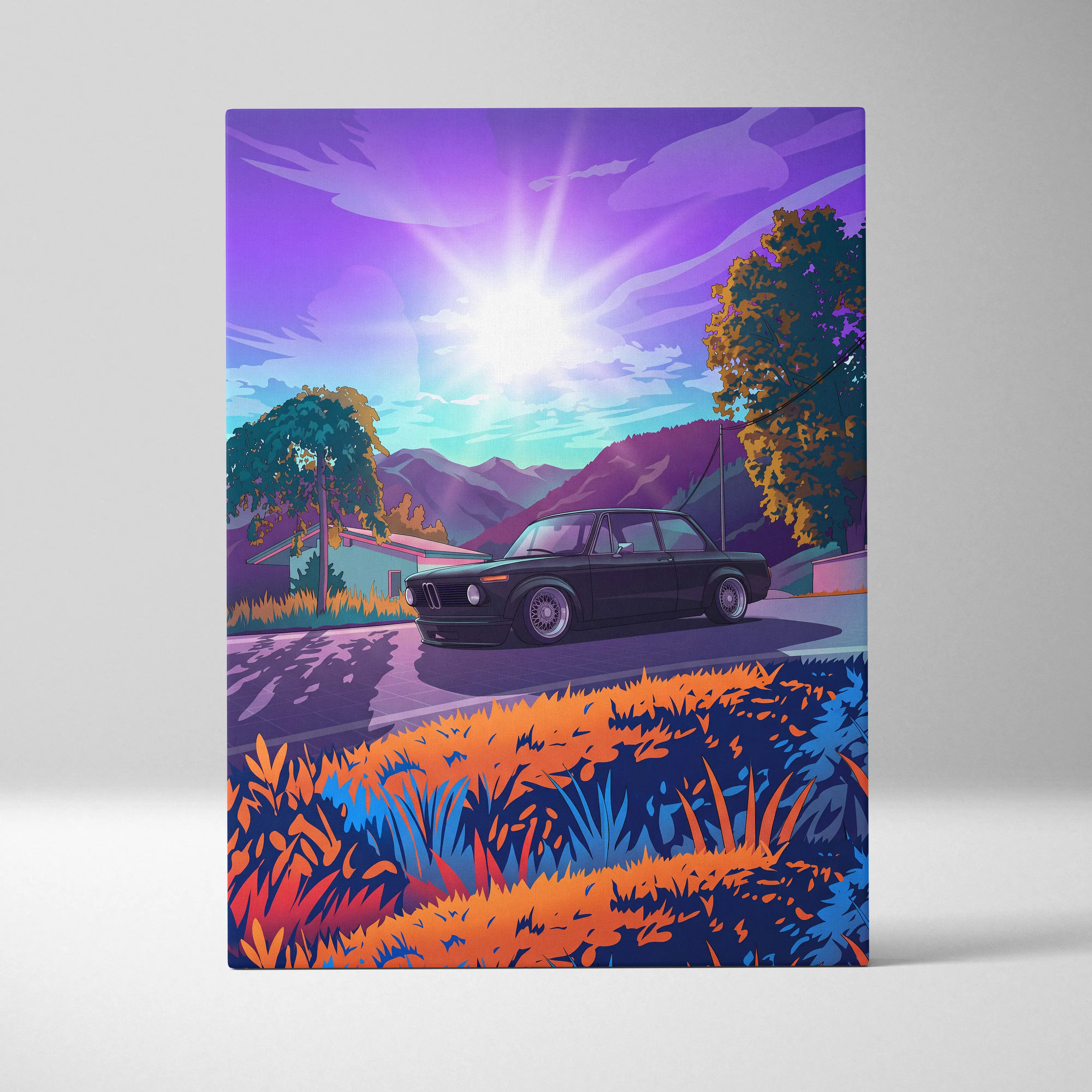 BMW 2002 Inspired Black Orange Canvas Wall Art Vaporwave Classic Sports Sedan Artwork Mountain Road Garage Decor Retro Futuristic Sunset Print