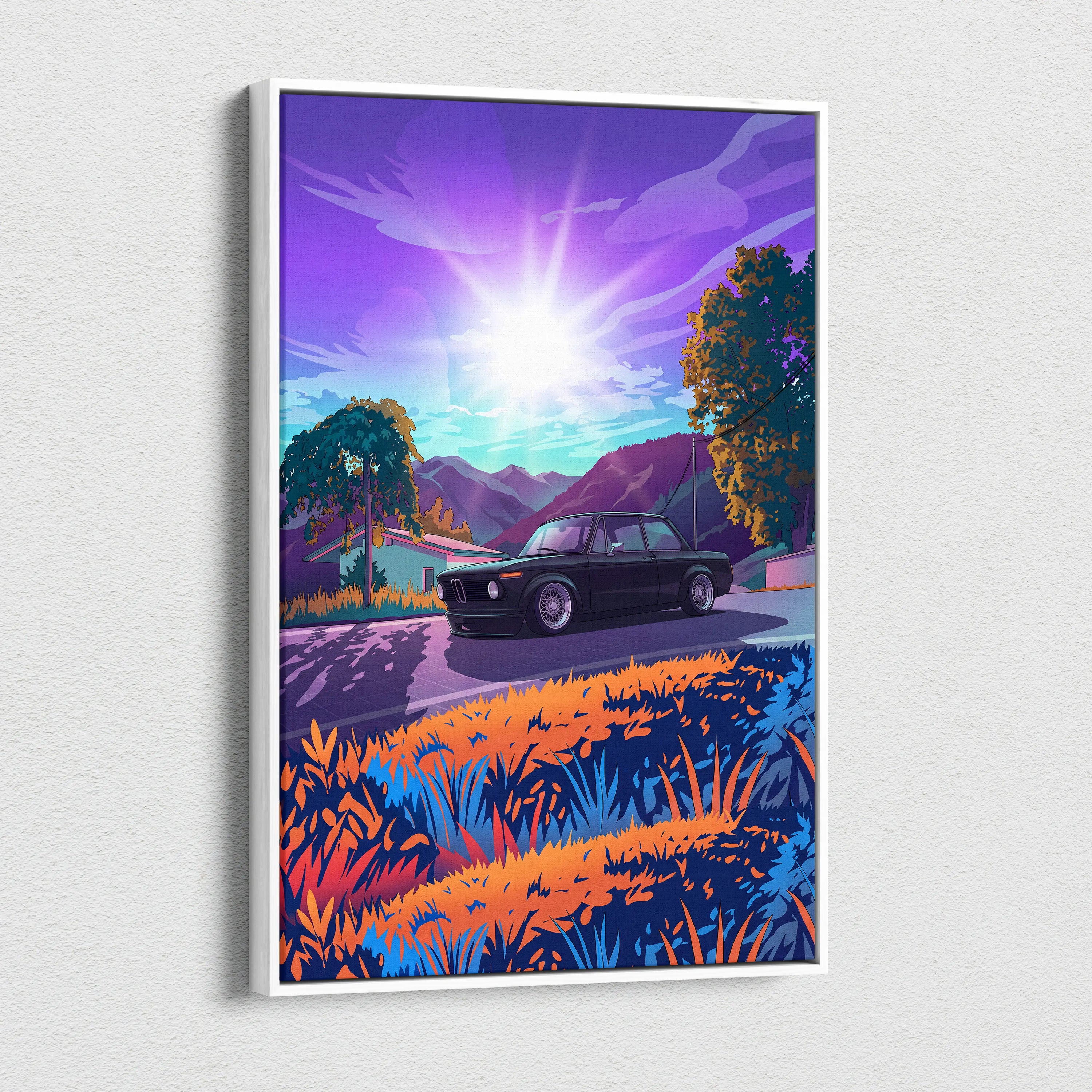 BMW 2002 Inspired Black Orange Canvas Wall Art Vaporwave Classic Sports Sedan Artwork Mountain Road Garage Decor Retro Futuristic Sunset Print