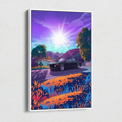 BMW 2002 Inspired Black Orange Canvas Wall Art Vaporwave Classic Sports Sedan Artwork Mountain Road Garage Decor Retro Futuristic Sunset Print