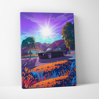 BMW 2002 Inspired Black Orange Canvas Wall Art Vaporwave Classic Sports Sedan Artwork Mountain Road Garage Decor Retro Futuristic Sunset Print