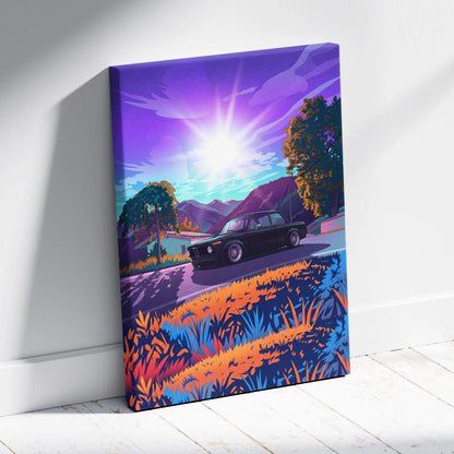 BMW 2002 Inspired Black Orange Canvas Wall Art Vaporwave Classic Sports Sedan Artwork Mountain Road Garage Decor Retro Futuristic Sunset Print