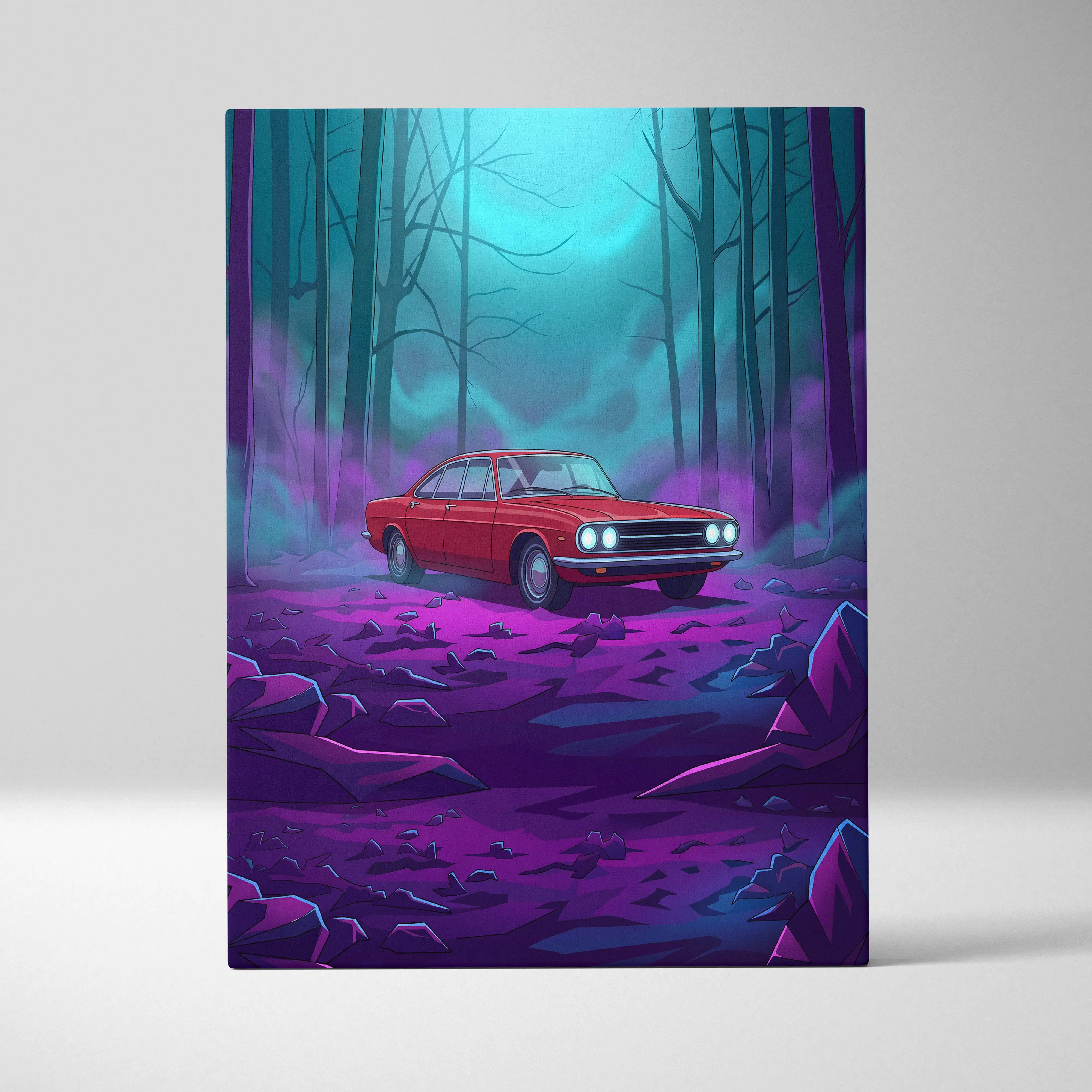 Vintage Muscle Inspired Red Purple Canvas Wall Art Vaporwave Classic JDM Sedan Artwork Neon Forest Garage Decor Retro Futuristic Night Print