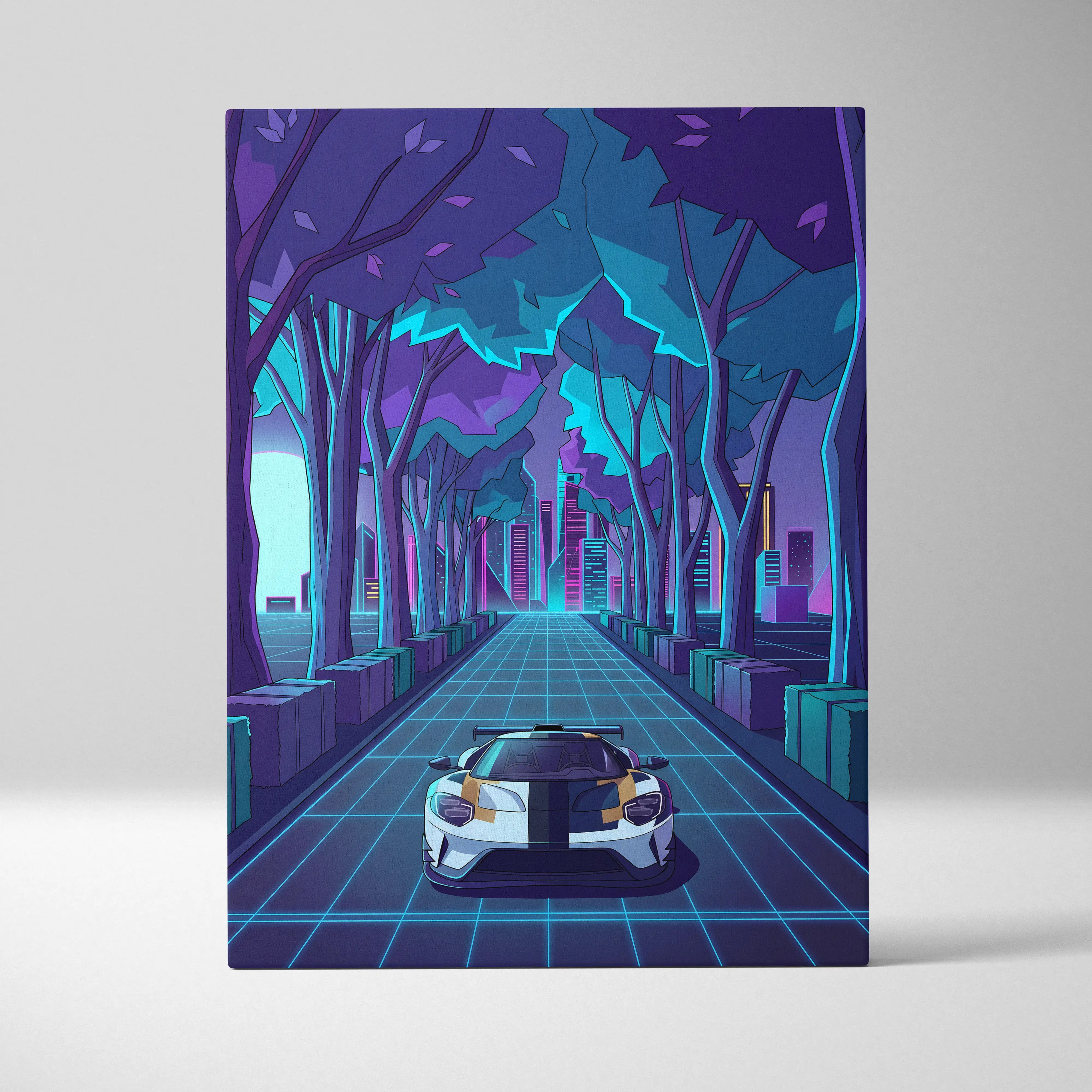 Ford GT Inspired White Blue Canvas Wall Art Vaporwave Race Car Artwork Neon Forest Road Garage Decor Retro Futuristic Motorsport Print