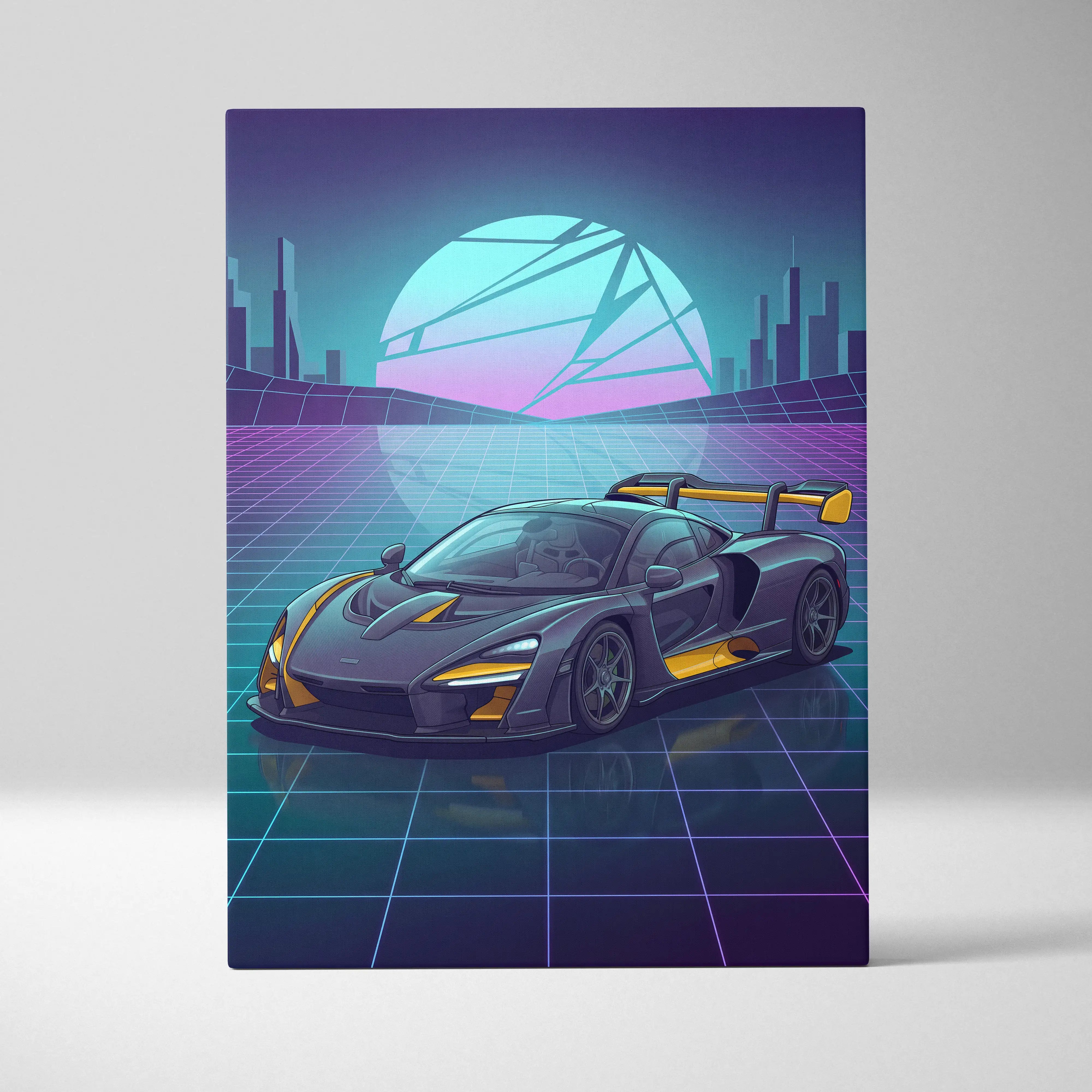 McLaren Senna Inspired Black Yellow Canvas Wall Art, Neon Vaporwave Hypercar Artwork for Futuristic Garage Decor