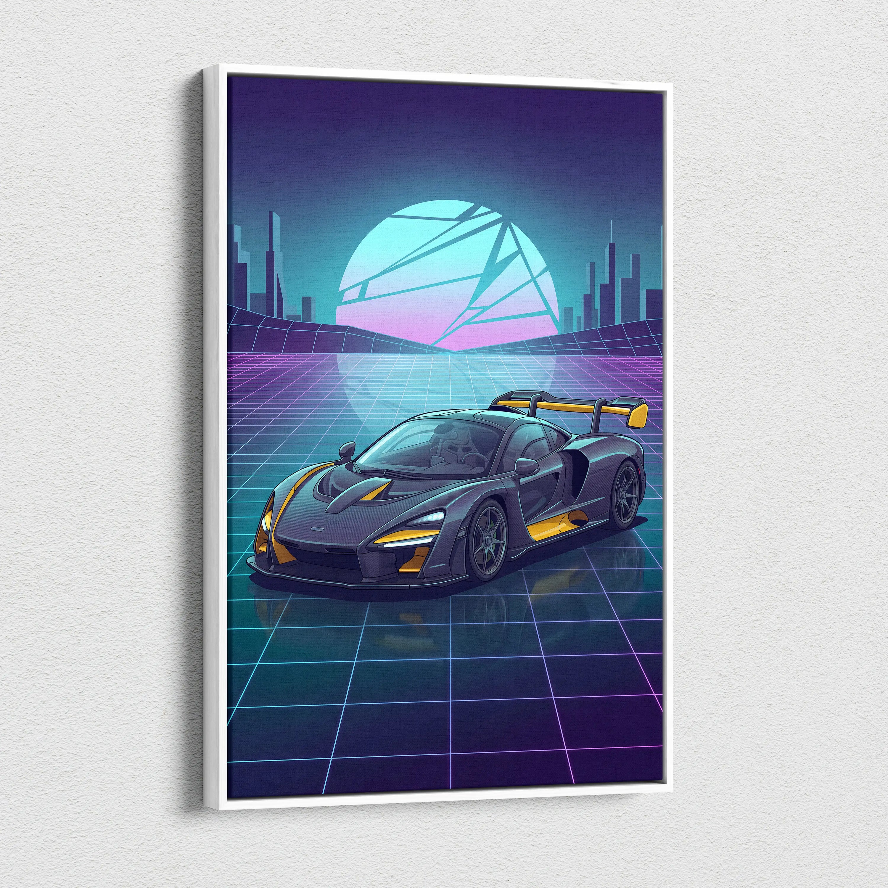 McLaren Senna Inspired Black Yellow Canvas Wall Art, Neon Vaporwave Hypercar Artwork for Futuristic Garage Decor