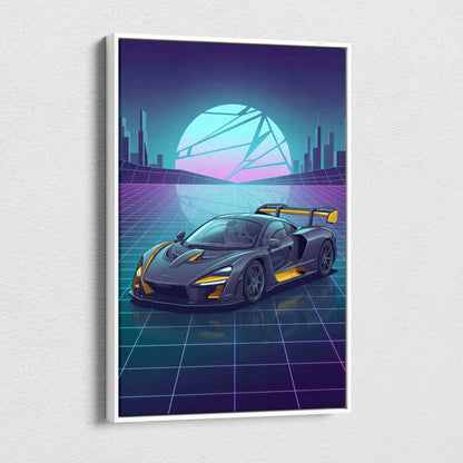 McLaren Senna Inspired Black Yellow Canvas Wall Art, Neon Vaporwave Hypercar Artwork for Futuristic Garage Decor