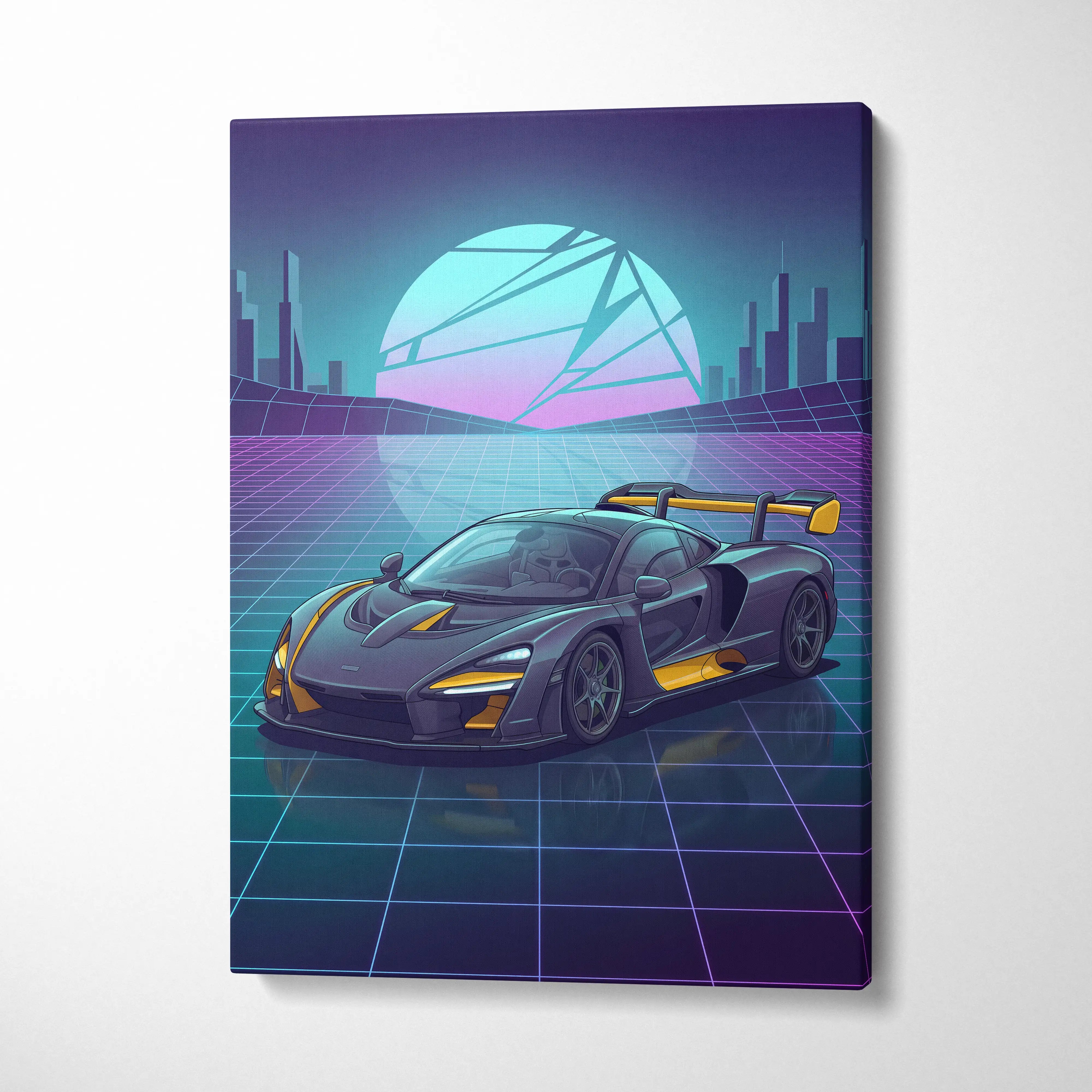 McLaren Senna Inspired Black Yellow Canvas Wall Art, Neon Vaporwave Hypercar Artwork for Futuristic Garage Decor